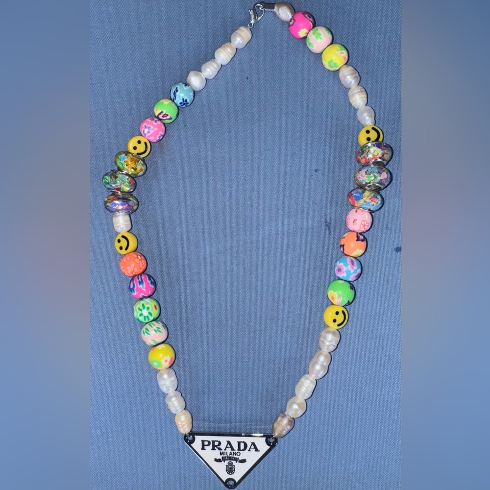 Repurposed Lux Prada Charm 7- 10mm fresh Water Pearls And Clay Beaded Necklace